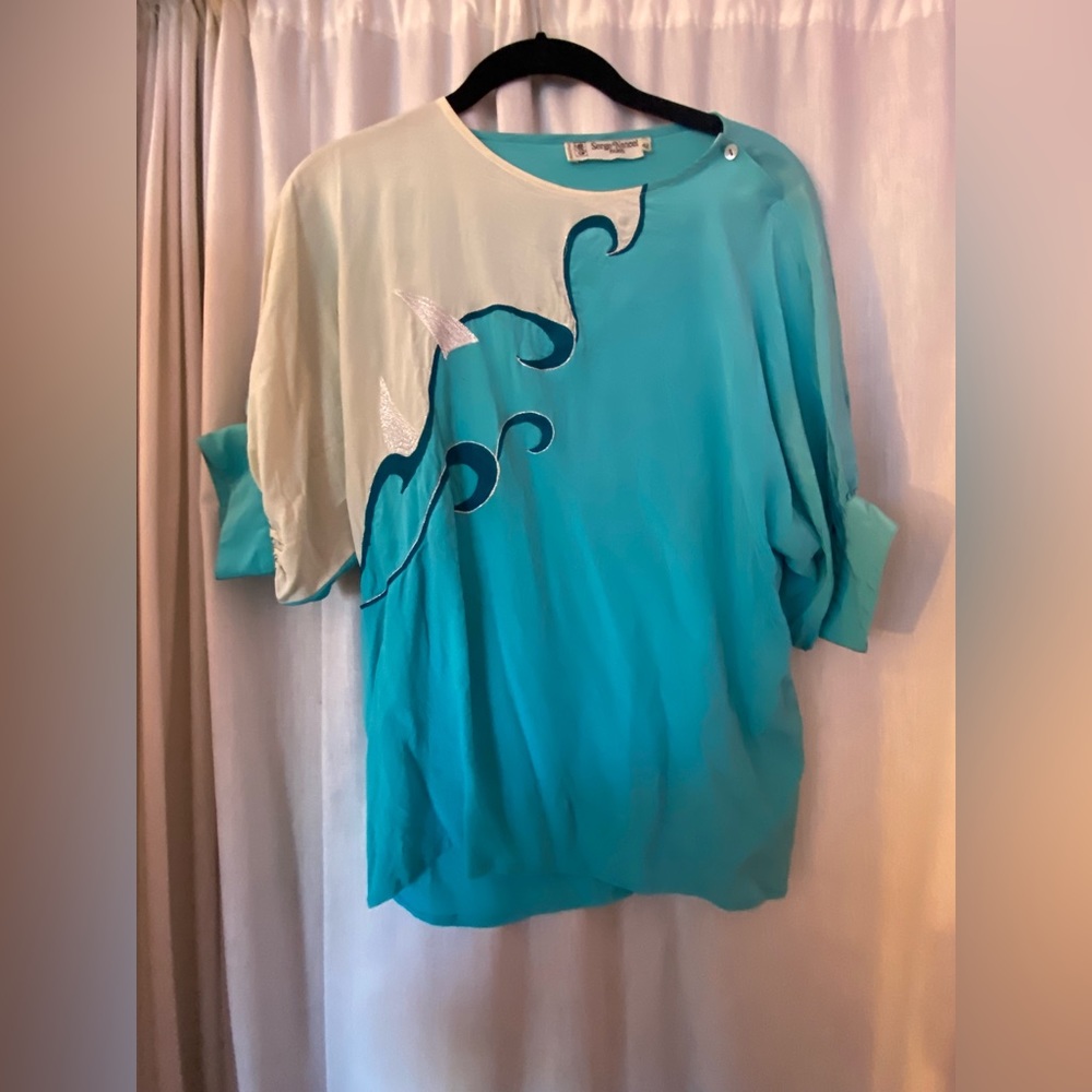 Vintage Serge Nancel Paris Blue Wave 🌊 Tee Blouse Size Woman’s 42 Medium